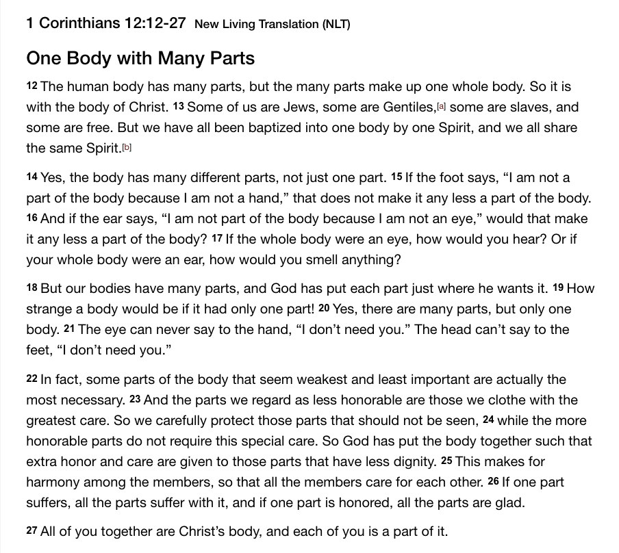 Scripture: Church, One Body, Many Parts